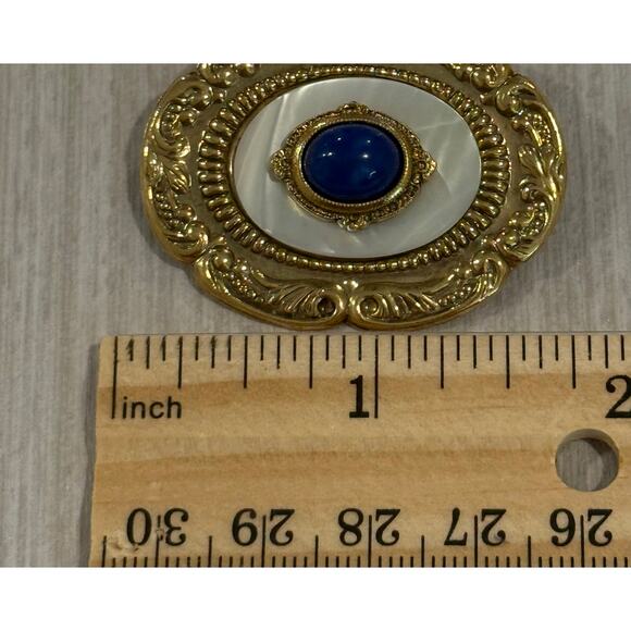 Vintage Mother of Pearl and Blue Lapis Stone Brooch Pin (0012) - Picture 4 of 5